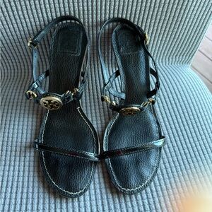 Tory Burch Black Leather Sandals with Gold Accents